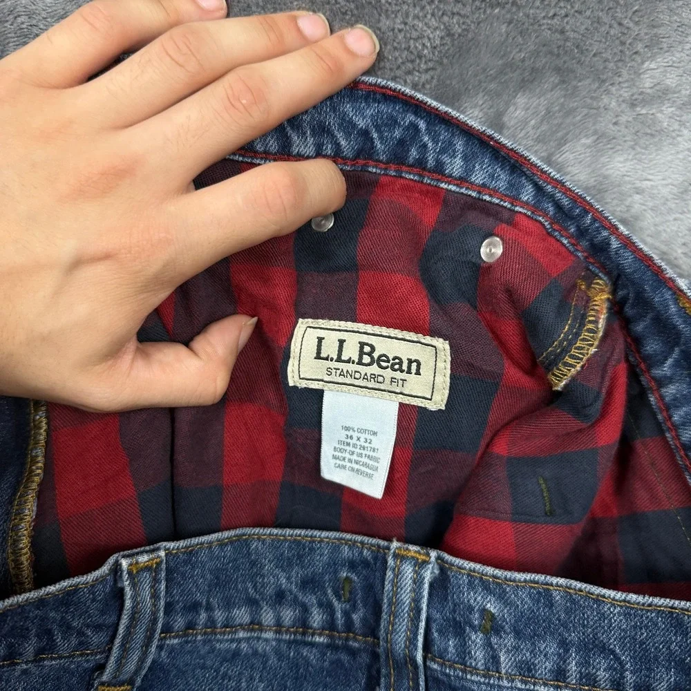 L.L. Bean Jeans Mens 36x32 Blue Flannel Lined Buffalo Plaid Standard Fit